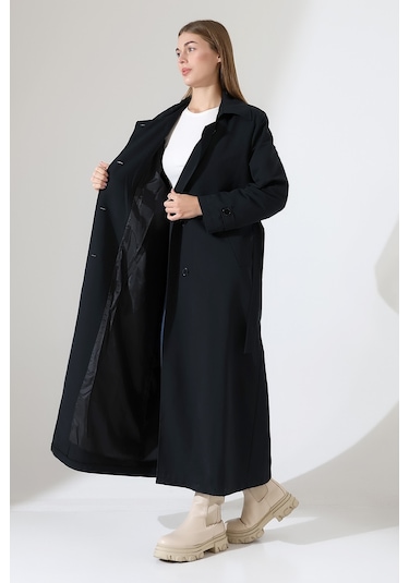 Amazon Keten Kumaş Uzun Boy Düğmeli Astarlı Yumuşak Dokulu Trenç Kot Siyah Siyah