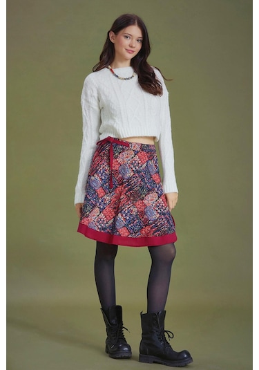 Kırmızı Desenli Anvelop Kısa Etek Kırmızı