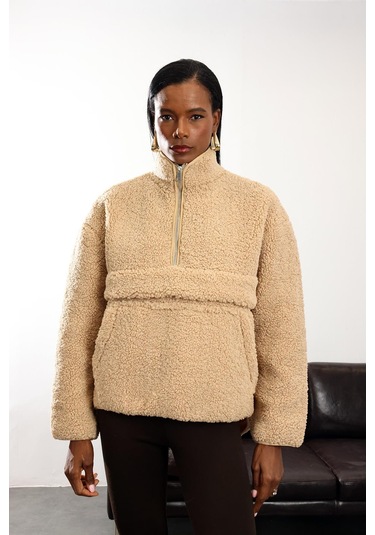 Camel Dik Yaka Peluş Mont Camel