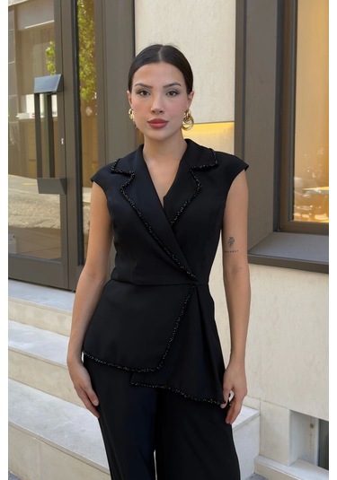 Boncuk İşleme Detaylı Asimetrik Abiye Takım 2388-siyah Siyah