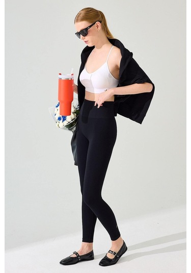 Jerf Holly Petek Desenli Yüksek Bel Tayt Siyah 001