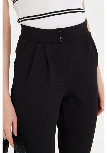 Çift Düğmeli Havuç Model Bilek Boy Kadın Kumaş Pantolon Siyah