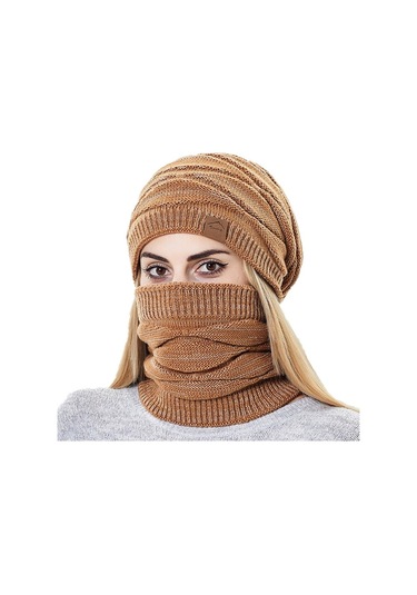 Kadınlar İçin Şık Ve Sıcak Kışlık Bere Şapka Atkı Seti, Soğuk Havalara Özel Kombin Kahverengi