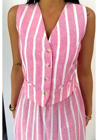 Sensuelle Keten Çizgili Yelek - Uzun Etek Takım - Pembe Pembe