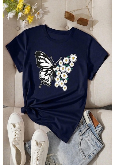 Kadın Pamuklu Ön Baskılı Papatya Kelebek Tasarım Tshirt Lacivert