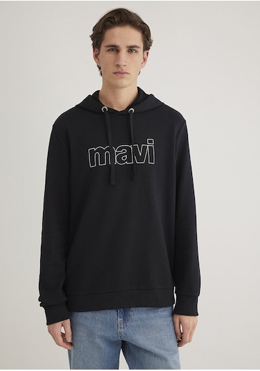 Mavi - Mavi Logo Baskılı Erkek Kapüşonlu Sweatshirt 065606-900 Siyah