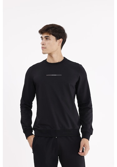 Rowinger Minimal Göğüs İşlemeli Rahat Kalıp Esnek Manşetli Mevsimlik Bisiklet Yaka Sweatshirt Black