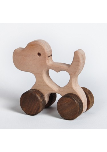 Ahşap El Yapımı Doğal Montessori Kalpli Köpek Tekerlekli Oyuncak