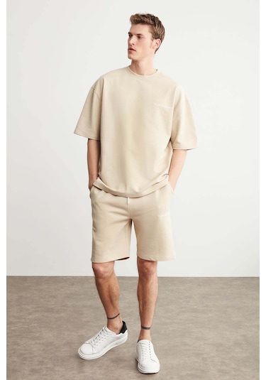 Colombıa Erkek 2'li Set Comfort Fit Rahat Kalıp Yazı Nakışlı Şardonsuz Bej Eşofman Takımı