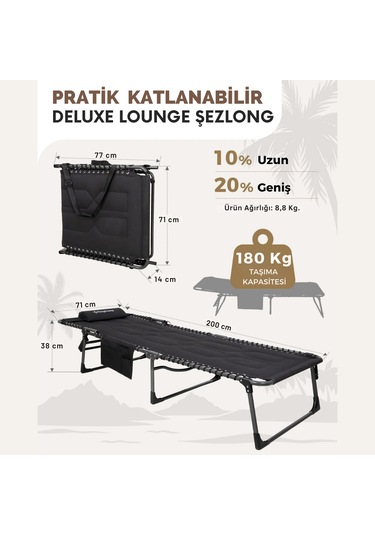 Kingcamp Magnolia B20 Premium 7 Kademeli Katlanır Dolgulu Şezlong Black Siyah