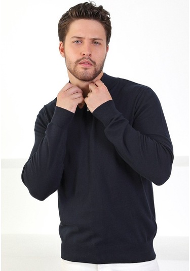 Ferraro Lacivert Dik Yaka Düz Renk Pamuk Erkek Kazak Lacivert