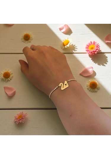 Archin A Harfine Özel Beyaz Taş Detaylı Kuğu Kuşu Motifli 14 Ayar Altın Plakalı Hediye Bileklik-601harf A