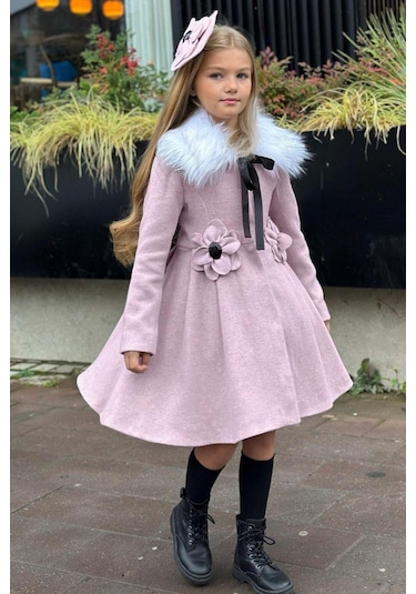 Riccotarz Kız Çocuk Kürk Yakalı Önü Çiçek Ve Elmas Taş Detaylı Pudra Kaşe Pudra