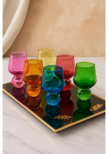 6 Kişilik Cam Elmas Ayaklı Renkli Kahve Yanı Bardağı Bardak 50ml Çok Renkli