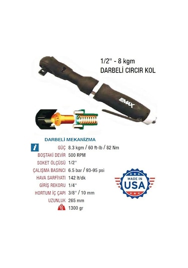 Emax 1/2" Havalı Darbeli Cırcır Kolu 8 Kgm