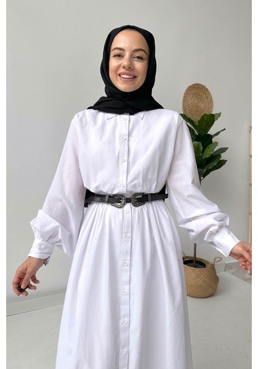Manşetli Gömlek Elbise - Beyaz