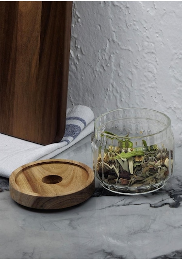 Timber Cam Kavanoz - Çizgili Saklama Kavanozu - Ahşap Kapaklı, 300 Ml