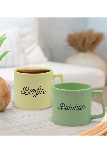 Bk Gift Kişiye Özel İsimli Pastel Sarı Ve Yeşil 2li Middle Kupa Bardak Seti-2, Sevgiliye Hediye, Ev Hediyesi, Arkadaşa Hediye Kobitmeyencom29999 Bk Gi