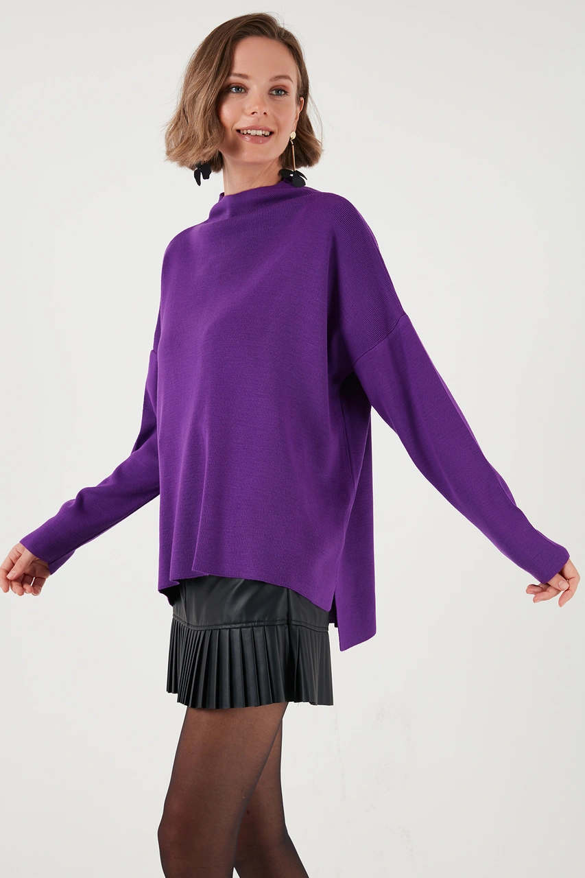 Lela Pamuklu Arkası Uzun Dik Yaka 2'Li Paket Triko Bayan Kazak 4615002S2 Mor-Bej