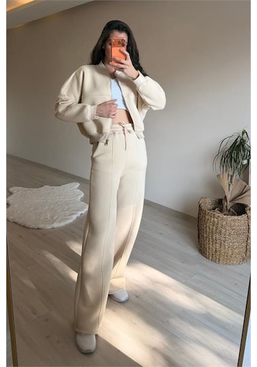 Neşeli Butik Kadın Oversize 3 İplik Cepli Eşofman Takımı Nm029 Bej