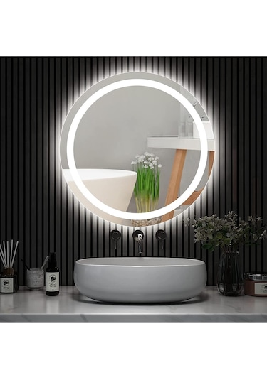 Nuun Dekor 60cm Beyaz Ledli Kumlamalı Yuvarlak Banyo Aynası Dekoratif Duvar Aynası Prizli. Beyaz - Gümüş