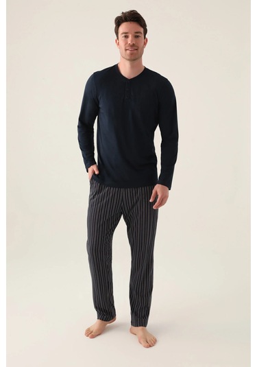 Arnetta 3013 Pamuk Uzun Kol Erkek Pijama Takımı Navy Lacivert