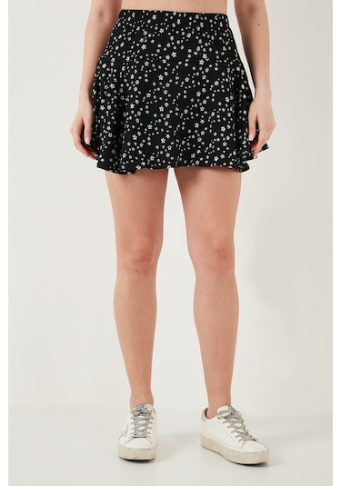 Lela Desenli Beli Lastikli Mini Bayan Şort Etek 5865118 Siyah