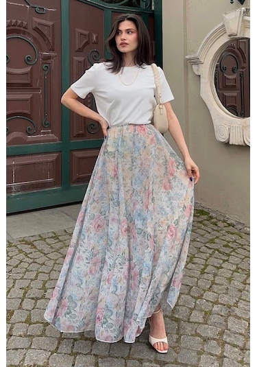 Madmext Ekru Çiçek Desenli Vintage Şifon Maxi Etek Mg2776