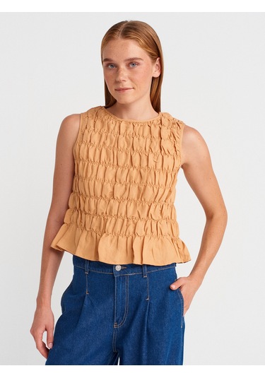 Dilvin 50845 Kolsuz Crop Bluz-bej Bej