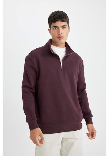 DeFacto Comfort Regular Fit Rahat Kalıp Fermuarlı Dik Yaka Basic Düz Sweatshirt X7405AZ24AUBR150