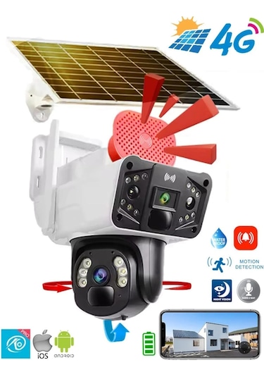 O-kam 3915 Ip 6mp Çift Kameralı 4g Sim Kartlı Sirenli Solar Speed