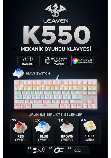 K550 Mavi Switch Kablolu Mekanik Klavye-87 Tuş-hotswap-switch li