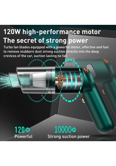 Sones Kbn-010 10000 Pa Deluxe Versiyon Güçlü Araç Akülü El Temizleme Elektrikli Süpürge Koyu Yeşil