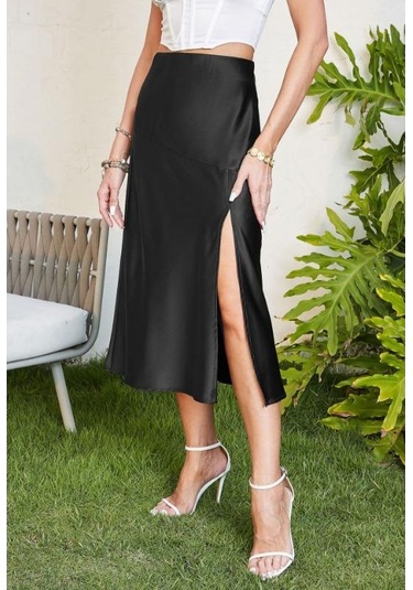 Yüksek Bel Saten Düz Renk Ayrık Uzun Büstiyer Etek Siyah