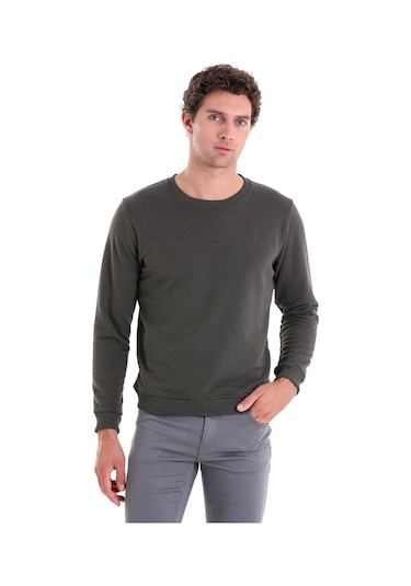 Hatemoğlu Haki Regular Fit Düz Pamuklu Bisiklet Yaka Sweatshirt Haki