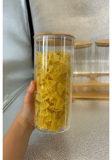 Qerhome Borosilikat Cam Bambu Stantlı Ve Bambu Kapaklı Optik Çizgili Baharatlık Seti 1400 Ml Alg11522 Amber