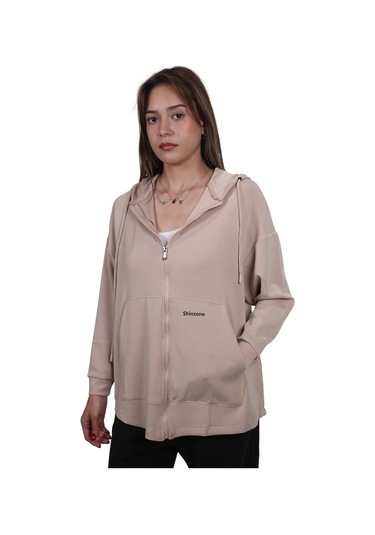 Kadın Modal Kumaş Yumuşak Dokulu Fermuarlı Rahat Kalıp Bej Kapüşonlu Ceket Hırka Bej