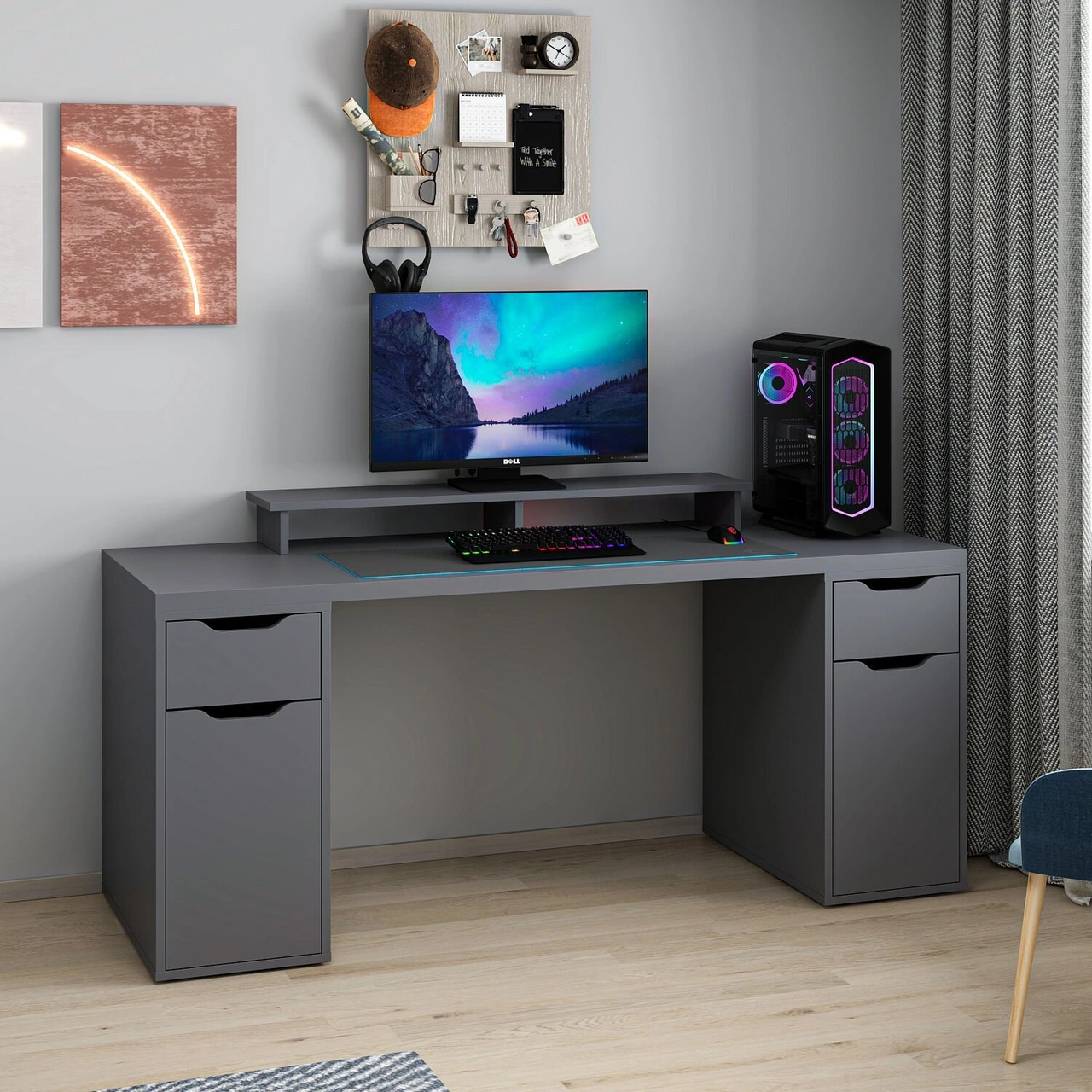 Alen 180 Cm 2 Çekmeceli 2 Dolaplı Çalışma & Oyuncu Masası - Antrasit Siyah