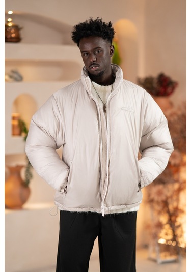 Oversize Bol Kesim Dik Yaka Fermuar Kapamalı Şişme Mont Krem