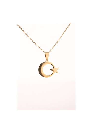 Altın Renk Ay Yıldız Çelik Kolye Kararmaz Paslanmaz Çelik Anlamlı Ve Şık Unisex Altın