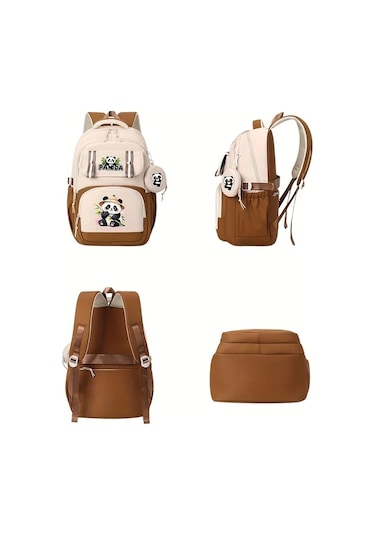 Wangxi Kahverengi Panda Desenli Günlük Geniş Kapasiteli Çok Cepli Fermuarlı Ayarlanabilir Askılı Hafif Sırt Çantası Kahverengi