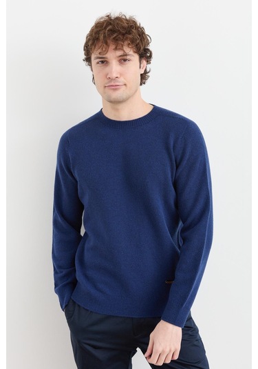 Erkek Sıfır Yaka Basic Yün Kazak İndigo İndigo