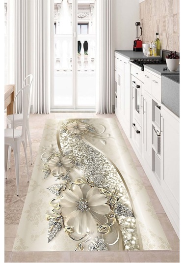Makinede Yıkanabilir Leke Tutmaz Dijital Baskı Pvc Kaymaz Çiçek Desenli Mutfak Halısı Çok Renkli