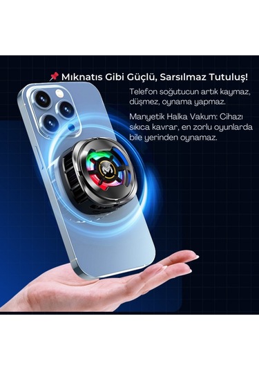 Polham Magsafe Uyumlu Telefon Soğutucu Dijital Isı Göstergeli, Rgb Led Işıklı, Turbo Fanlı 6000 Rpm, Klipsli Tutucu