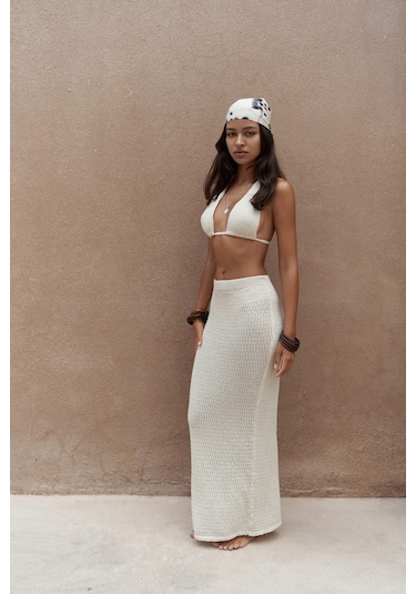 Mai Collection Mai Studios Co. Pangestu Üçgen Bej Crop Etek Triko Takım Bej