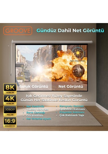 Groove Vizio Pro 200x200cm Blackout Işık Geçirmez Elektrikli Otomatik Kumandalı Projeksiyon Perdesi +motorlu+canlı Renkler+göz Koruması+leke Tutmaz Projector