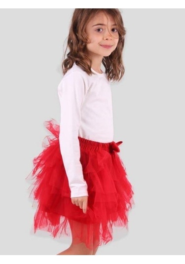 Kız Çocuk Kat Kat Tüllü Tütü Etek-14368 Kırmızı