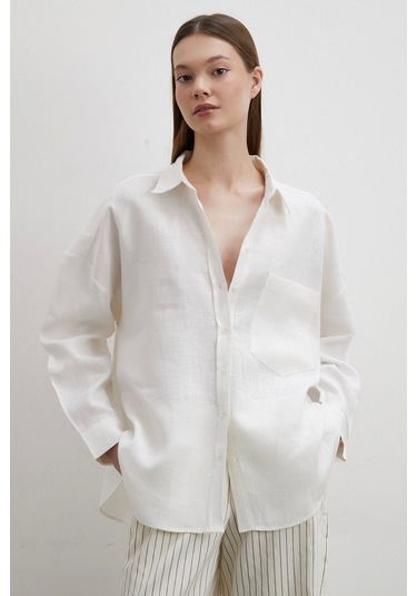 Robalı Cepli Keten Gömlek Ekru Ekru