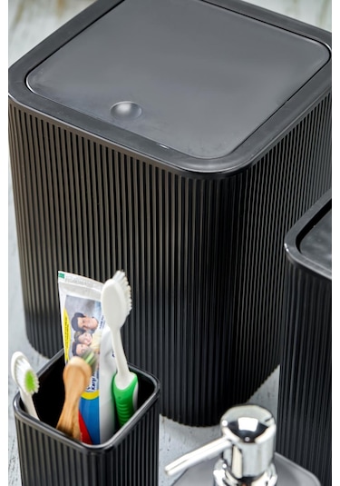 Line 5 Parça Kare Banyo Seti - Çöp Kovası Wc Fırçası Sıvı-katı Sabunluk Diş Fırçası Siyah