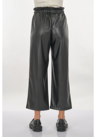 Unique Mode Deri Görünümlü Bol Paça Siyah Kadın Pantolon Uw244003 001